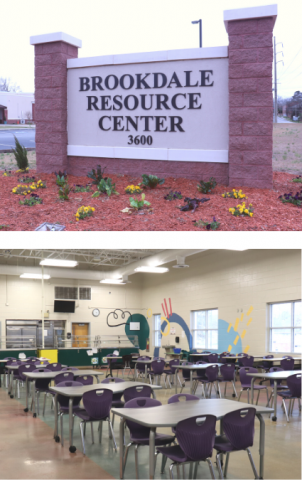 Brick sign that says "Brookdale Resource Center" and a picture of tables in a cafeteria